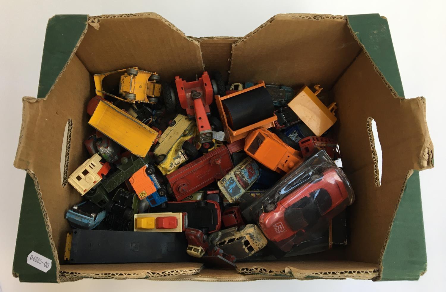 A box of model cars to include Dinky, Budgie, Britains, Lesney Matchbox, etc