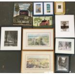 A large box of gallery art and prints, to include two landscape watercolours (11)