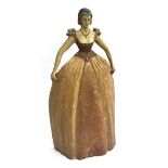 A painted tin fire screen in the form of a lady with voluminous skirt, 77cmH