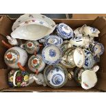 A mixed box of ceramics to include a Japanese part tea set; Limoges trinket box; blue and white
