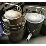 Four galvanised buckets and two large galvanised watering cans