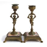 A pair of gilt metal and enamel Sevres style candlestick, number to base '425', 17.5cmH