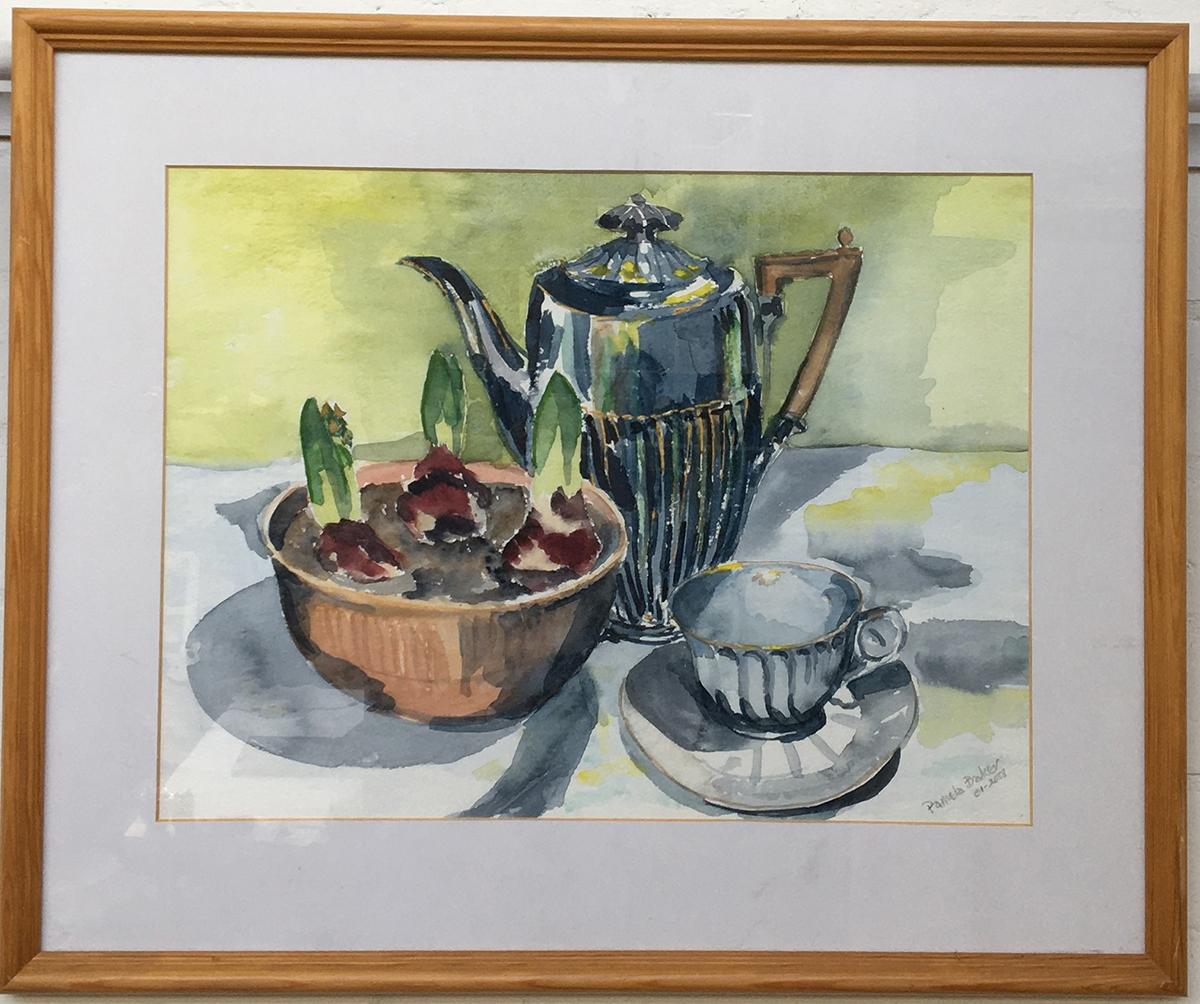 Pamela Baker, still life of coffee and bulbs, watercolour, signed lower right, dated 2001, 30.5x40.5