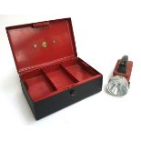 A Garrison metal safe box, with red enamel interior, 3.5cmW; together with a Pifco Superbeam torch