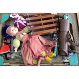 A mixed lot of items to include soft doll; telescope in leather case; two silver napkin rings;