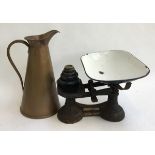 A set of vintage scales by J & J Siddons, with weights; together with a copper jug and metal hostess