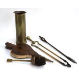 A small lot of fire furniture, to include bellows, tongs poker and brush
