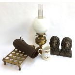 A mixed lot to include a gilt metal oil lamp with chimney and milk glass spherical shade; a wooden