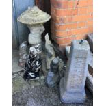 Five composite stone figures; including two gnomes, dolphin and cat etc (6)