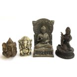 A cast metal figure of a seated Buddha, 26.5cmH; together with two smaller Ganesh figures and one