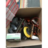 A large mixed box of tools to include a Black & Decker sander, Black & Decker drill; plastic bolt