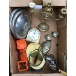 A mixed lot to include Vintage scales; several MG hub caps; candle sticks; a Smith's vintage