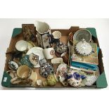 A mixed box of ceramics to include various tiles including Joe Wilson, Wedgwood jug, Carltonware,