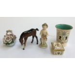 A small lot to include a Beswick foal figurine (af), encrusted posy, enamelled Diana and Charles