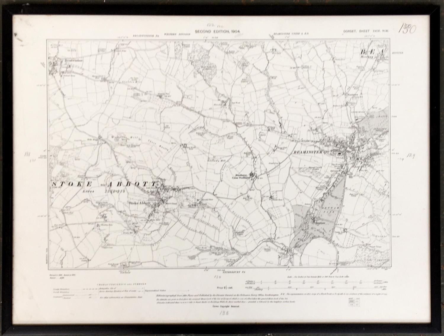 Local interest: 1904 Ordnance Survey map of the Beaminster area (sheet 29), framed and glazed, 41.