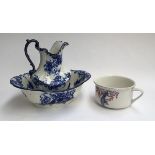 A Bisto blue and white wash bowl and jug; together with one other chamber pot