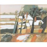 20th century contemporary school, oil on paper, winter rooftops, initial JWP, '85, 28.5x32cm