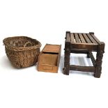 A wicker basket; tambour topped desk file and a small slatted stool