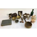 A mixed lot to include various Indian and Eastern items: several brass bowls with Islamic