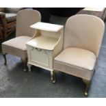 Two 1960s bedroom chairs on gilt cabriole legs; together with a white painted bedside cabinet
