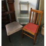 Two small metal sidetables; together with two dining chairs