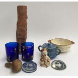 A mixed lot to include two Bristol blue glasses, heightened in gilt; Aztec ornament; several Honiton