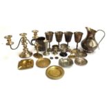 A quantity of plated wares to include several goblets, spill vase, trophy cup, brass figure of a