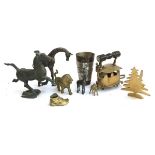 A mixed lot of various brass and other metal items, to include animal figures, a brass iron, Eastern