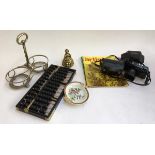 A mixed lot to include an abacus, brass figural bell, a Yashica 35mm camera with two lenses, several