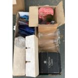 A mixed box of glassware to include cut glass whisky tumblers (boxed), drinking glasses etc