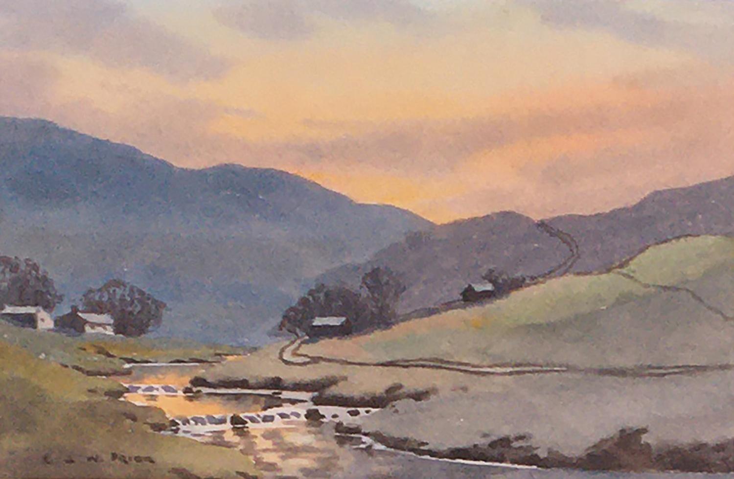 Ebenezer John Woods Prior, watercolour of a stream at dusk, 17x26cm