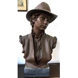 A resin bust of a lady in hat on slate plinth, approx. 68cmH