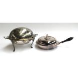 A silver plated chafing dish with swing hinged lid, together with a plated lidded serving dish