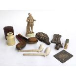A small lot of interesting things, to include several clay pipes; silver desk thermometer; several