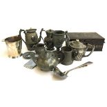 A quantity of pewter items, to include coffee pot, teapot, vase, tankards etc, some plated ware