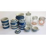 A number of T.G Green Cornishware kitchen jars; together with two Kilner jars and one other