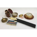 A mixed lot to include Ronson table lighter, barometer, ports wall clock, slide rule in case,