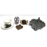 An Indian incense burner; folding compass; pewter Art Nouveau style tray; West Bay souvenir cup