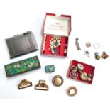 Mixed lot to include brooches, enamel boxes, cigarette case with lighter incorporated and others