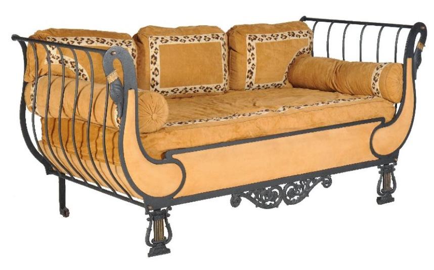 A painted cast iron sofa, in Empire style, 20th century, with suede cushions and bolsters, 105cm