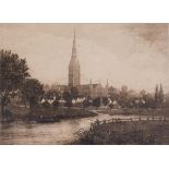 Walter Burgess (1856-1908), etching of Salisbury cathedral, signed in pencil lower right, label to
