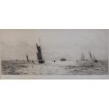 William Lionel Wyllie (1851-1931), fishing fleet at sea with tall ship, drypoint etching, signed