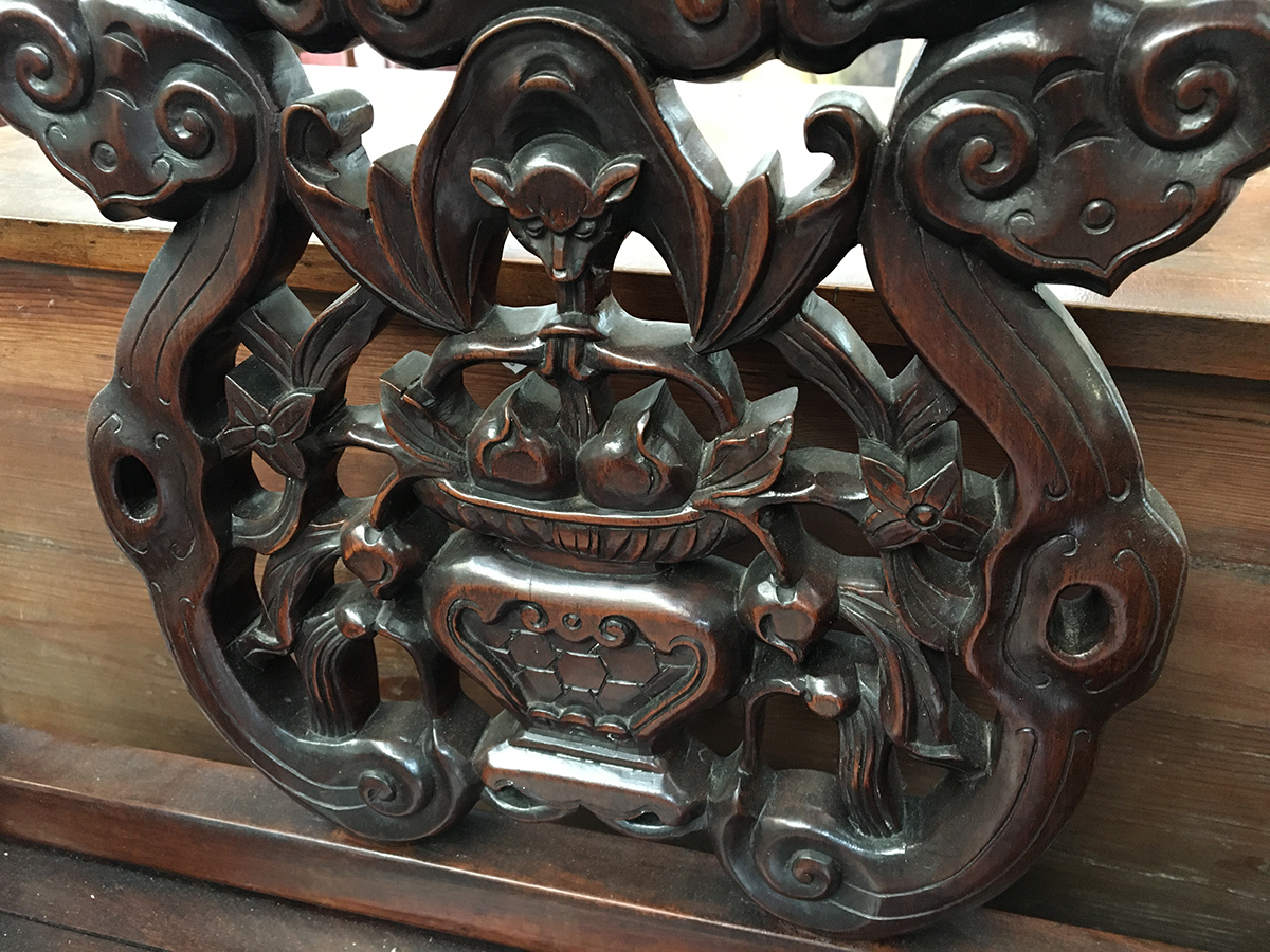 A Chinese hardwood elbow chair, the shaped back with pierced and carved peach and scroll ornament, - Image 4 of 7