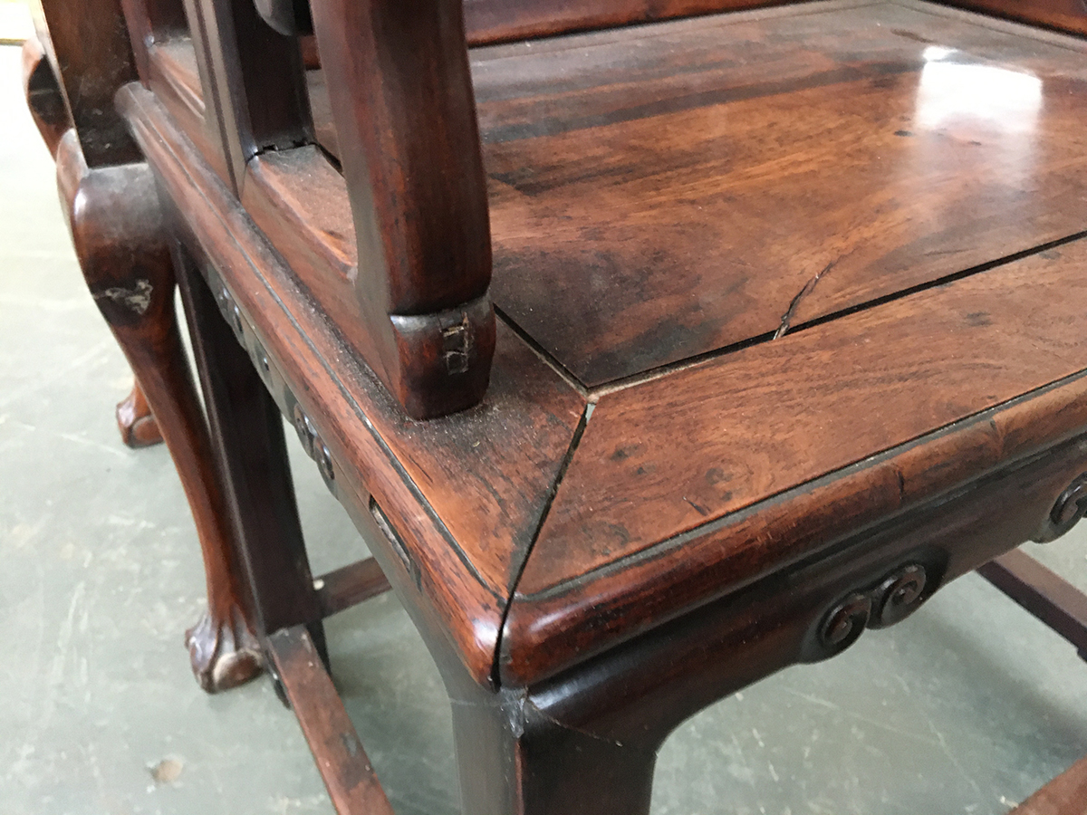 A Chinese hardwood elbow chair, the shaped back with pierced and carved peach and scroll ornament, - Image 5 of 7