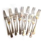 A set of six Victorian Old English pattern silver table forks and six dessert forks by Samuel