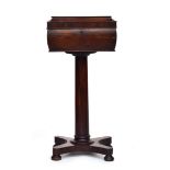 A 19th century rosewood pedestal sewing box on turned column on quatrefoil base, 80cm high