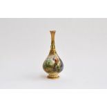 A Royal Worcester bottle vase with moulded neck and base heightened in gilt, hand painted with the