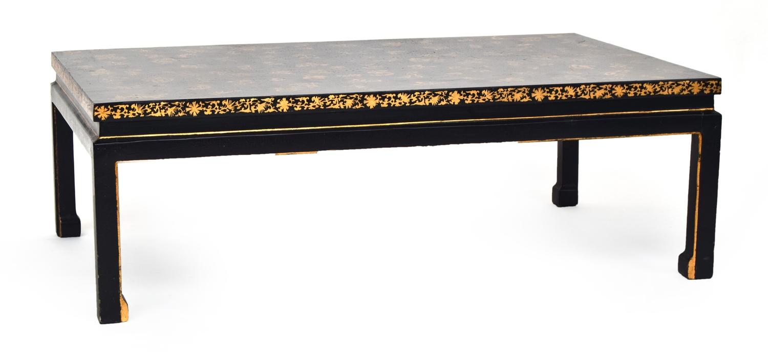 A Vaughan black Japanned occasional table, 121cm wide, 75cm deep, 40cm high