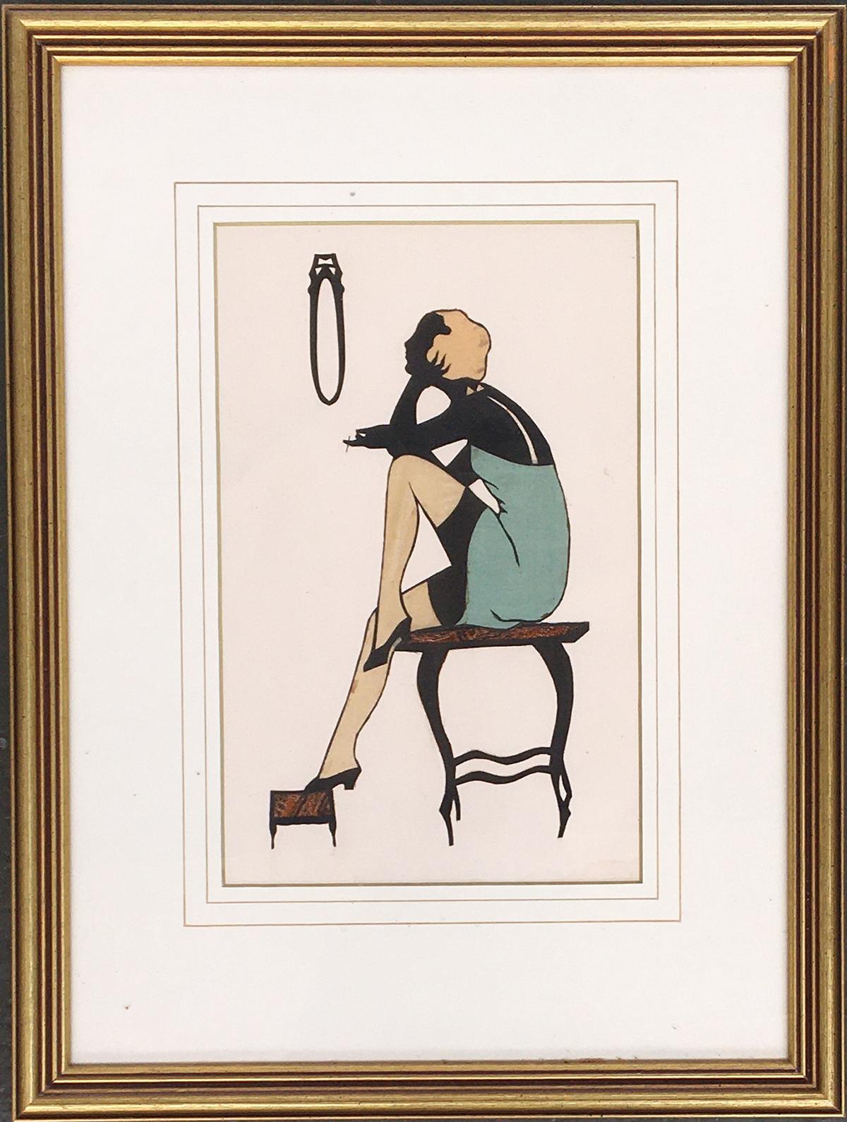 An unusual early 20th century framed vintage fashion silhouette of a young woman gazing into a - Image 2 of 2