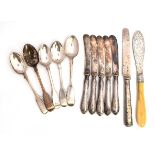 Five Victorian and Georgian silver fiddle pattern teaspoons, various makers; together with a set